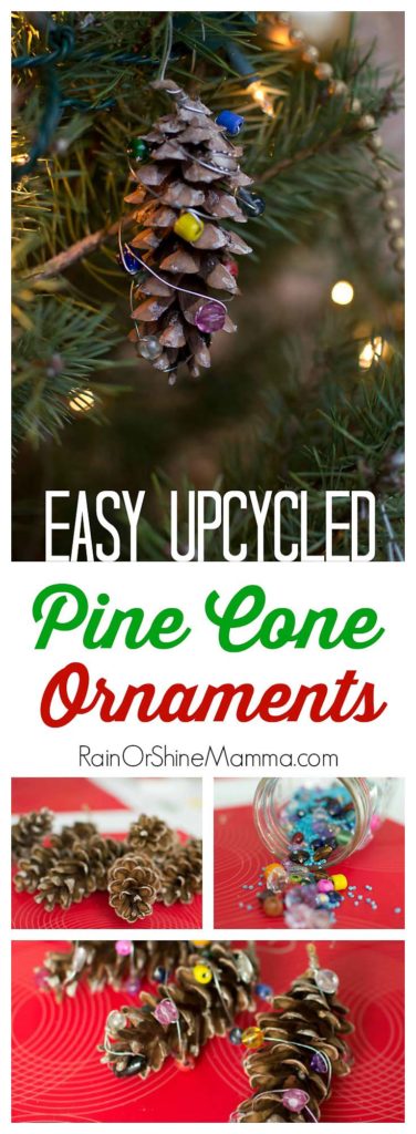Easy Upcycled Pine Cone Ornaments. Fun and natural Christmas ornament that kids can make with a little help from an adult! These pinecone ornaments from natural and upcycled materials are a great handmade Christmas gift for grandparents or teachers.