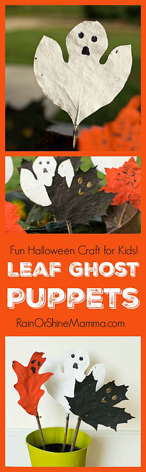 These Leaf Ghost Puppets are a fun Halloween craft for kids and adults alike! An easy to make Halloween nature craft from natural materials. The puppets can be used as DIY Halloween decor or for active play. From Rain or Shine Mamma.