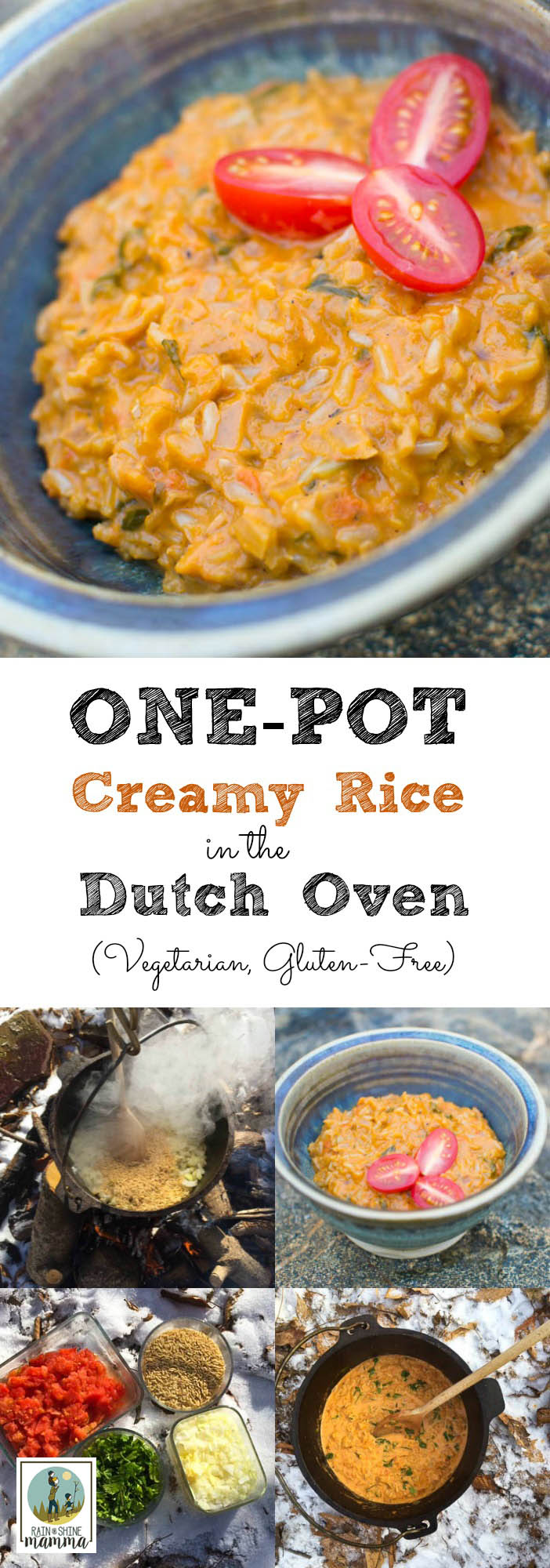 One-Pot Creamy Rice Recipe for the Dutch Oven. This healthy rice dish is perfect for lunch or dinner and is easy to cook over a campfire. An easy, vegetarian and gluten-free camping recipe for all occasions!
