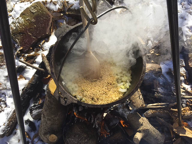 Dutch Oven One-Pot Creamy Rice Recipe (Vegetarian, Gluten-Free). An easy recipe to cook over the campfire.