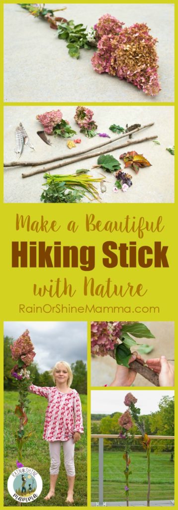 Make a Beautiful Hiking Stick from Nature. A fun nature activity that fits both younger and older kids. Rain or Shine Mamma. #naturecraft #natureactivities #nature #forestschool