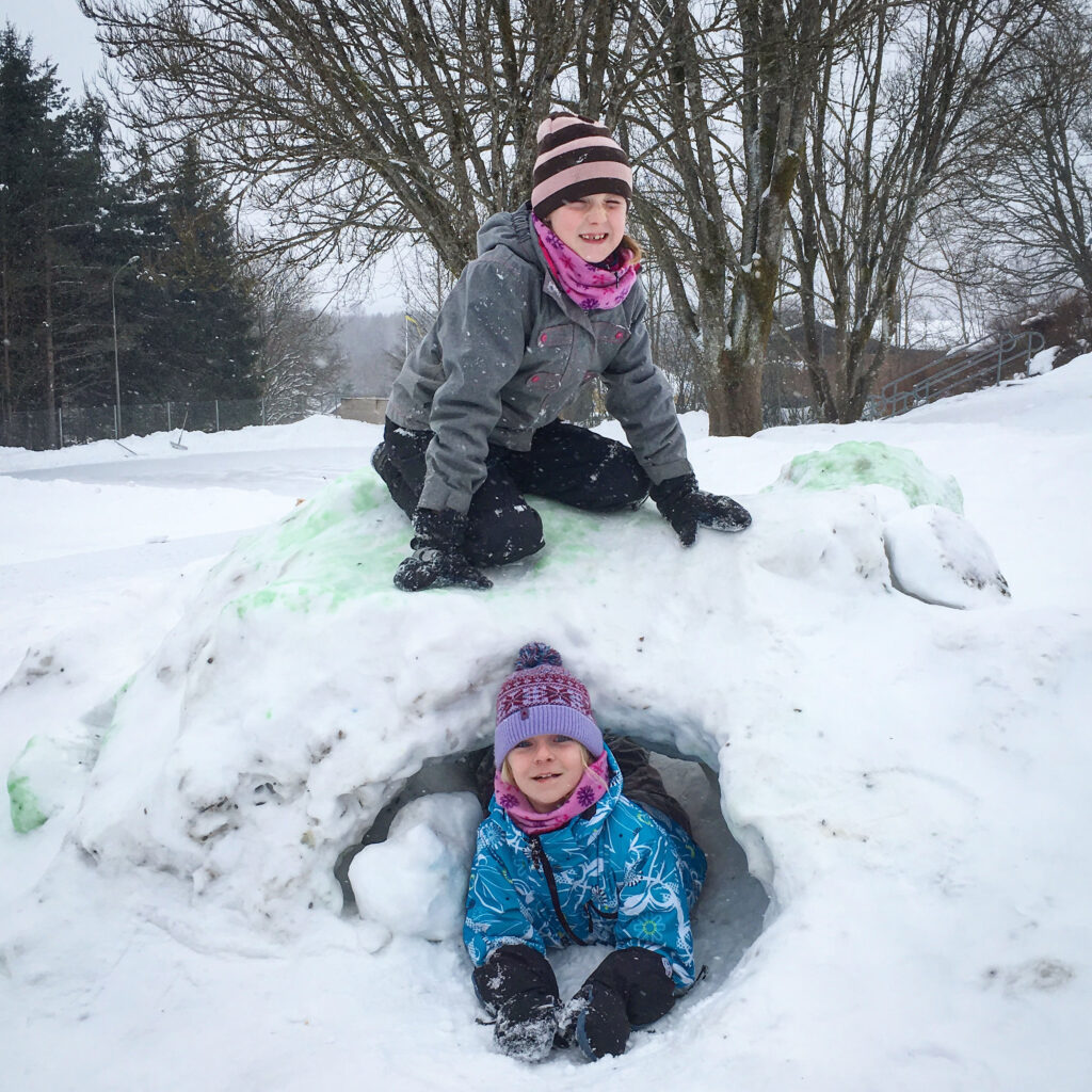 Two children playing in the snow.