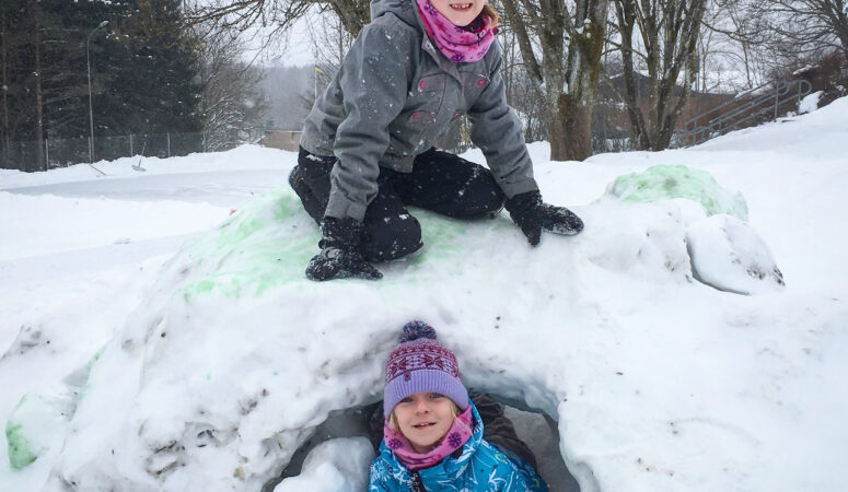 Two children playing in the snow.